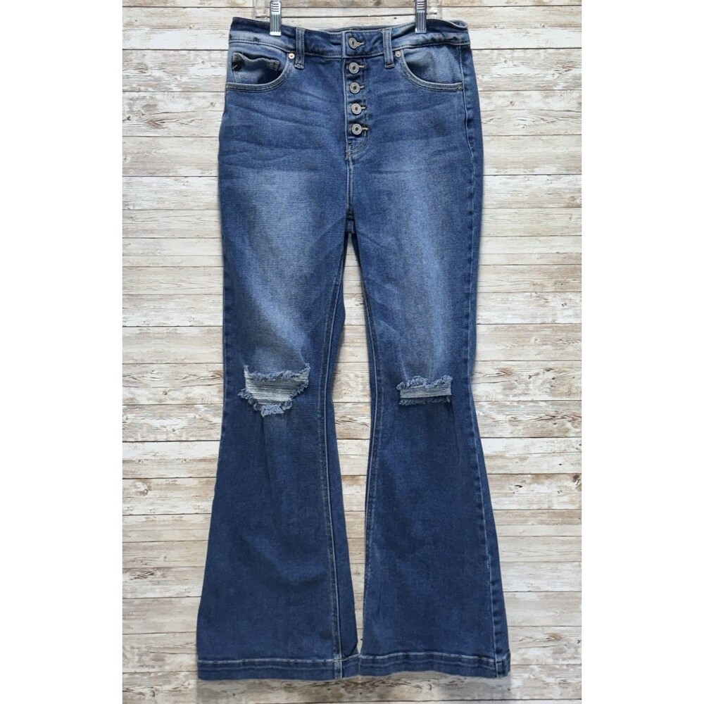 KanCan Dixie Ultra High Rise Flare Jeans Button Fly Shredded Knee Size 9/28P